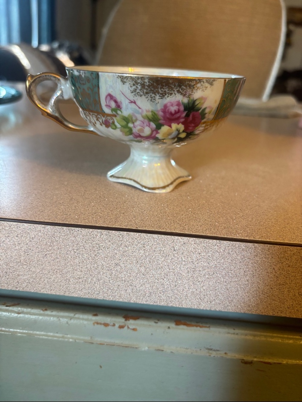 Floral Footed Teacup with Gold Trim - Pink & Green Roses